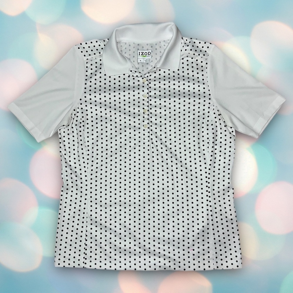 IZOD Women’s White and Black Polka Dot Athletic Golf Polo Shirt Size M - Picture 2 of 5